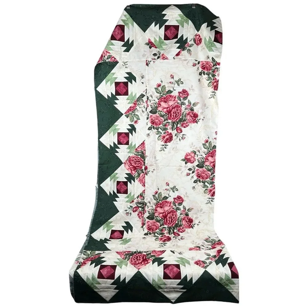 Handmade Green Red Pink Rose shabby chic unfinished Quilt topper